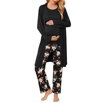 Ekouaer Maternity Nursing Robe Set Three Pieces Top Pregnancy Pants & Robe Double Layer Pajamas