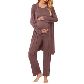 Ekouaer Maternity Nursing Robe Set Three Pieces Top Pregnancy Pants & Robe Double Layer Pajamas