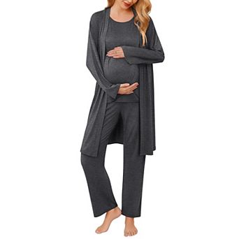 Ekouaer Maternity Nursing Robe Set Three Pieces Top Pregnancy Pants & Robe Double Layer Pajamas