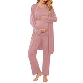 Ekouaer Maternity Nursing Robe Set Three Pieces Top Pregnancy Pants & Robe Double Layer Pajamas