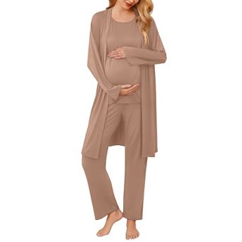 Ekouaer Maternity Nursing Robe Set Three Pieces Top Pregnancy Pants & Robe Double Layer Pajamas