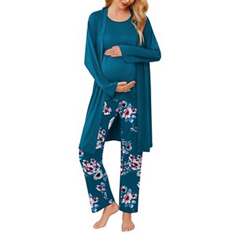 Ekouaer Maternity Nursing Robe Set Three Pieces Top Pregnancy Pants & Robe Double Layer Pajamas