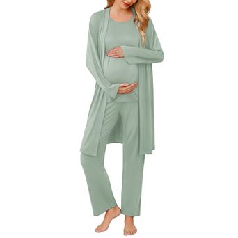 Ekouaer Maternity Nursing Robe Set Three Pieces Top Pregnancy Pants & Robe Double Layer Pajamas