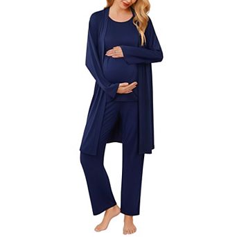 Ekouaer Maternity Nursing Robe Set Three Pieces Top Pregnancy Pants & Robe Double Layer Pajamas