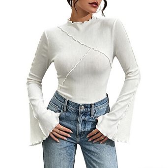 Women Lettuce-Edge Flared Sleeve Top Slim-Fit Ribbed Casual Blouse