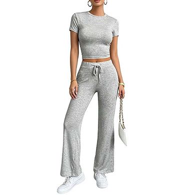 Womens Short Sleeve Two Piece Outfit And High Waist Wide Leg Pants Sets