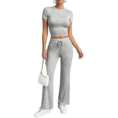 Womens Short Sleeve Two Piece Outfit And High Waist Wide Leg Pants Sets