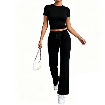 Womens Short Sleeve Two Piece Outfit And High Waist Wide Leg Pants Sets
