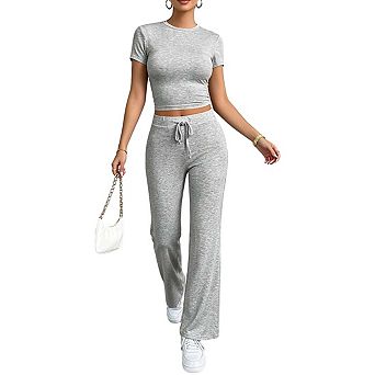Womens Short Sleeve Two Piece Outfit And High Waist Wide Leg Pants Sets