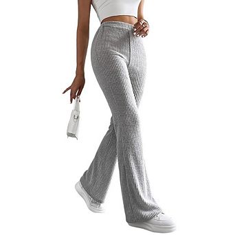 Women's High Waist Ribbed Knit Flare Pants Casual Stretchy Wide Leg Palazzo Trousers