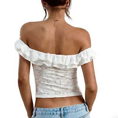 Women's Casual Off-the-Shoulder Lace Top Floral Embossed Ruffle Trim Twisted Bust Blouse