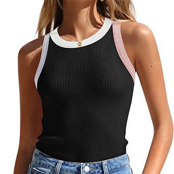 Womens Summer Sleeveless Tank Tops Ribbed Crew Neck Slim Fitted Color Block Casual Shirts