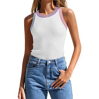 Womens Summer Sleeveless Tank Tops Ribbed Crew Neck Slim Fitted Color Block Casual Shirts