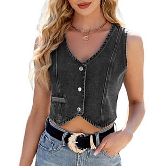 Women's Washed Denim Vest V Neck Sleeveless Button Down Casual Summer Jean Crop Top