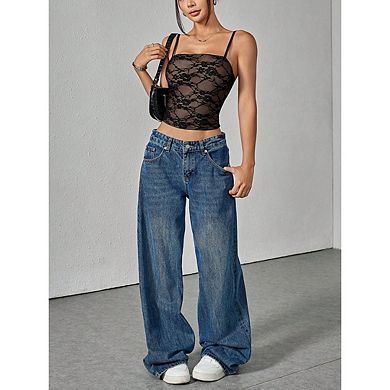 Women's Lace Crop Tops Summer Square Neck Spaghetti Strap Camisole Top Beach Vacation Outfit