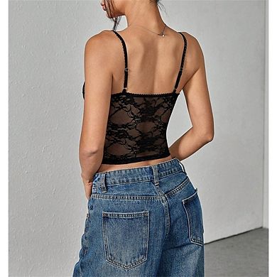 Women's Lace Crop Tops Summer Square Neck Spaghetti Strap Camisole Top Beach Vacation Outfit