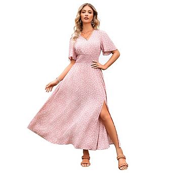 Women's Boho Floral Short Sleeve Wrap V Neck Long Flowy Beach Vacation Maxi Dress