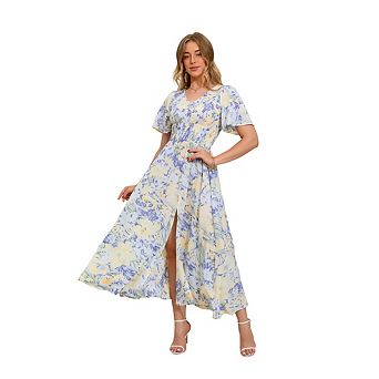 Women's Boho Floral Short Sleeve Wrap V Neck Long Flowy Beach Vacation Maxi Dress