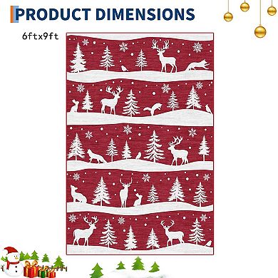 Washable Rug for Home Decor, Soft Low Pile Christmas Rugs with Xmas Tree Reindeer