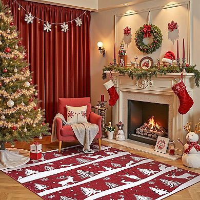 Washable Rug for Home Decor, Soft Low Pile Christmas Rugs with Xmas Tree Reindeer