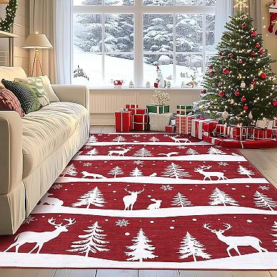 Washable Rug for Home Decor, Soft Low Pile Christmas Rugs with Xmas Tree Reindeer