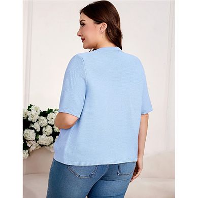 Plus Size Women Short Sleeve Button Down Knit Cardigan Casual Crew Neck Lightweight Sweater Top