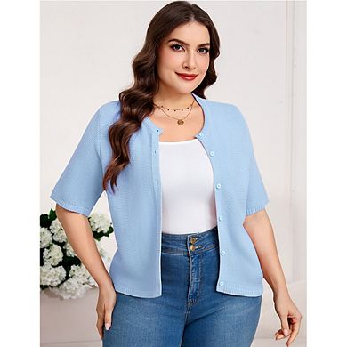 Plus Size Women Short Sleeve Button Down Knit Cardigan Casual Crew Neck Lightweight Sweater Top