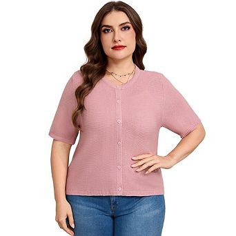 Plus Size Women Short Sleeve Button Down Knit Cardigan Casual Crew Neck Lightweight Sweater Top