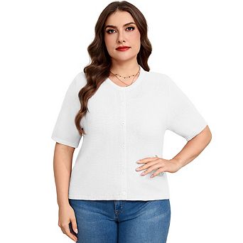 Plus Size Women Short Sleeve Button Down Knit Cardigan Casual Crew Neck Lightweight Sweater Top
