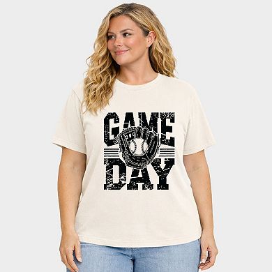 Baseball Game Day Glove - Women's Plus Sized Garment Dyed Graphic T-Shirt
