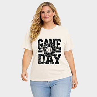 Baseball Game Day Glove - Women's Plus Sized Garment Dyed Graphic T-Shirt