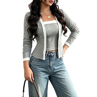 Women Contrast Trim 2 pc Outfit Slim-Fit Cami & Long-Sleeve Cardigan Set