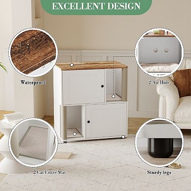 2-Tier Dual Cat Litter Box Enclosure, Wooden Hidden Cabinet with Scratching Posts, Indoor for 2 Cats