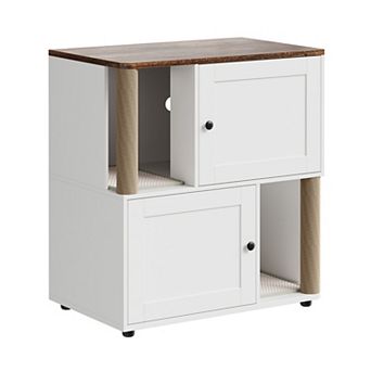 2 tier Dual Cat Litter Box Enclosure, Wooden Hidden Cabinet with Scratching Posts, Indoor for 2 Cats