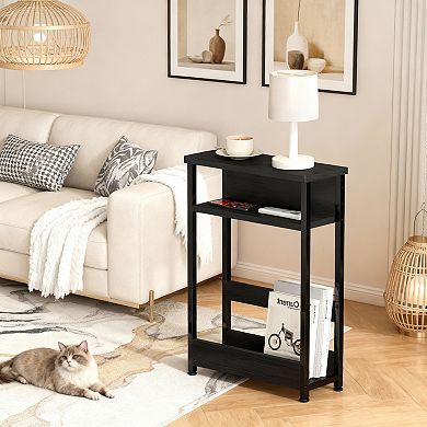 Slim 3-Tier Industrial Side Table with Storage Shelves & Magazine Holder Narrow Wood
