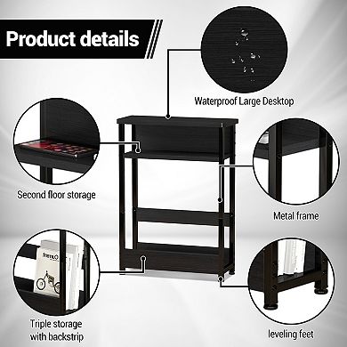 Slim 3-Tier Industrial Side Table with Storage Shelves & Magazine Holder Narrow Wood