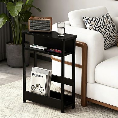 Slim 3-Tier Industrial Side Table with Storage Shelves & Magazine Holder Narrow Wood