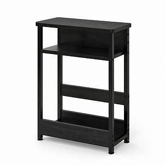 Slim 3 tier Industrial Side Table with Storage Shelves & Magazine Holder Narrow Wood