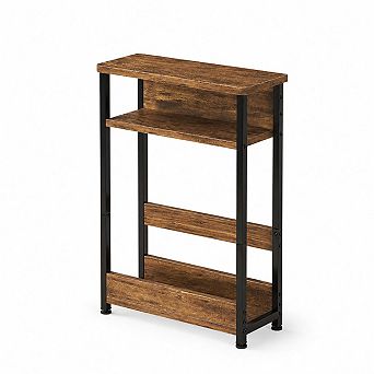 Slim 3 tier Industrial Side Table with Storage Shelves & Magazine Holder Narrow Wood