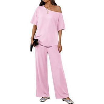 Ekouaer Lounge Sets Off Shoulder Tops and Long Pants Two Piece Set Summer Soft Matching Outfit