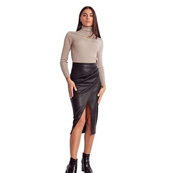 Womens Faux Leather Midi Skirt Wrap Ruched Bodycon Skirt