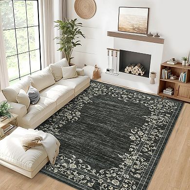 Modern Floral Area Rug, Washable, Non-Slip, Mark Resistant, Soft Low-Pile Carpet, Easy Care