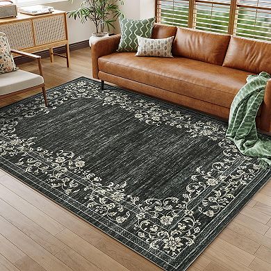Modern Floral Area Rug, Washable, Non-Slip, Mark Resistant, Soft Low-Pile Carpet, Easy Care