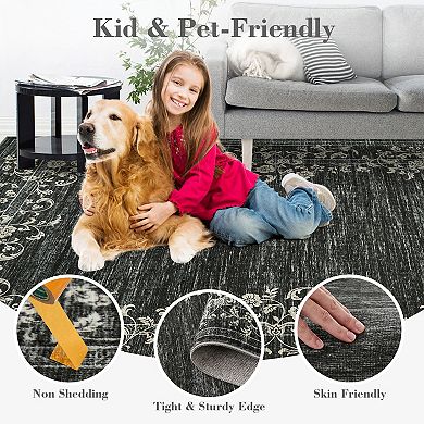 Modern Floral Area Rug, Washable, Non-Slip, Mark Resistant, Soft Low-Pile Carpet, Easy Care