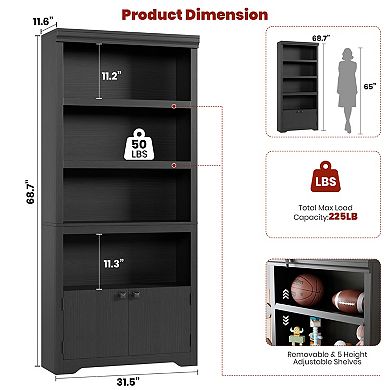 5 Tiers Adjustable Bookcase with Doors, Farmhouse Storage Shelves, Floor Standing Display Shelves