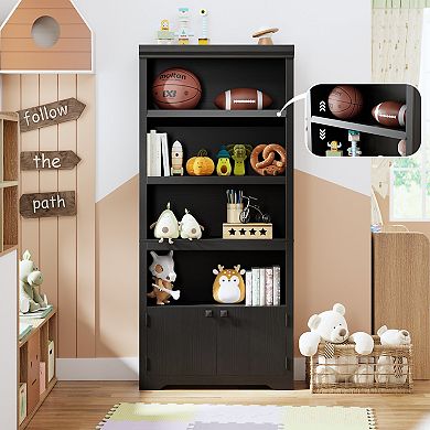 5 Tiers Adjustable Bookcase with Doors, Farmhouse Storage Shelves, Floor Standing Display Shelves