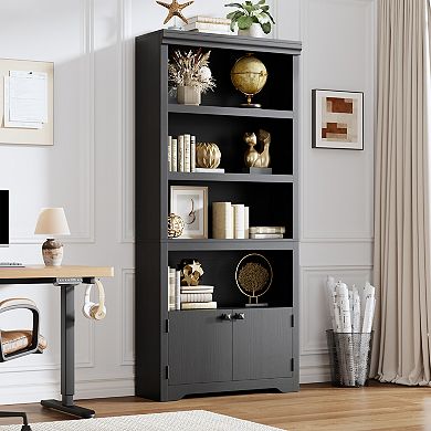 5 Tiers Adjustable Bookcase with Doors, Farmhouse Storage Shelves, Floor Standing Display Shelves