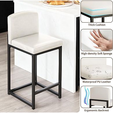 Modern Bar Stools Set, Upholstered Counter Height Faux Leather Chairs w/ Back for Kitchen Island