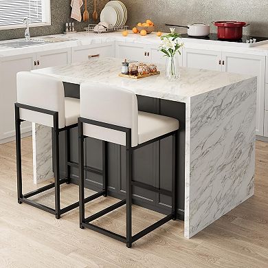 Modern Bar Stools Set, Upholstered Counter Height Faux Leather Chairs w/ Back for Kitchen Island