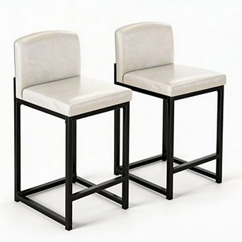 Modern Bar Stools Set, Upholstered Counter Height Faux Leather Chairs w/ Back for Kitchen Island
